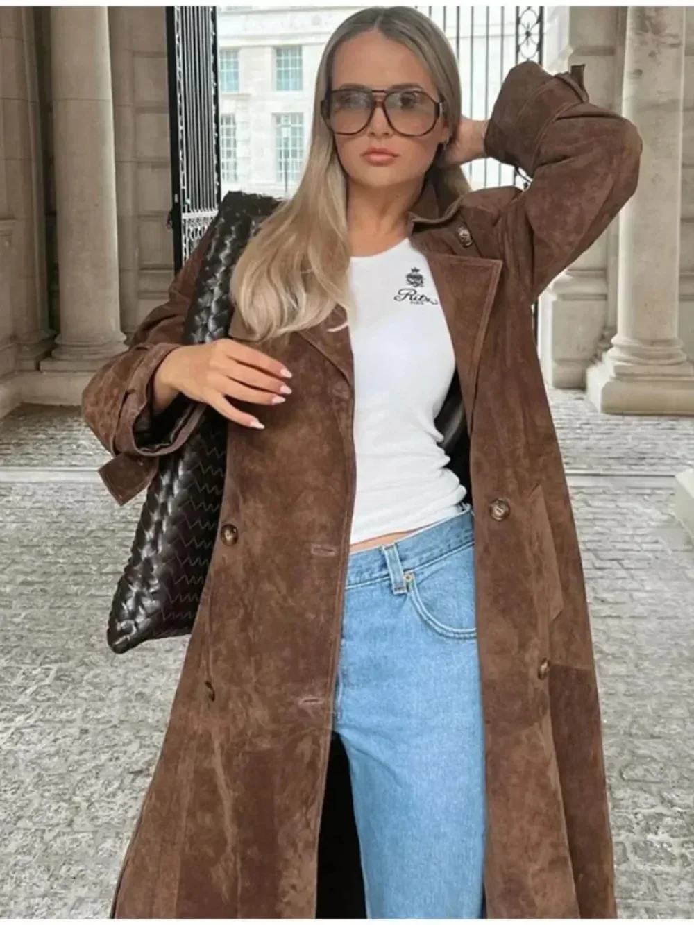 Chic Lapel Long Sleeve Double-breasted Windbreaker Autumn Lady Fashion Brown Women Imitation Deer Fur Coat High Street Outwear