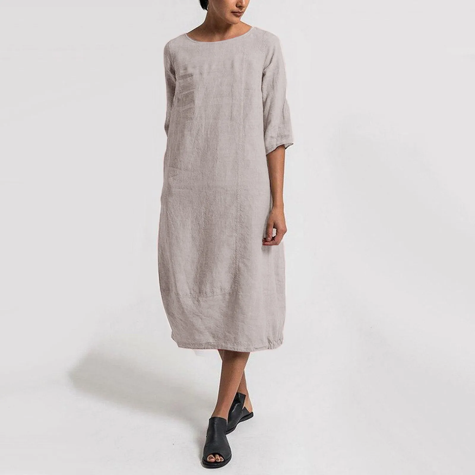 

Summer Casual Loose Long Dress For Women Round Neck Half Sleeve Commuting Maxi Dress Ladies Solid Color Dresses Female Clothing