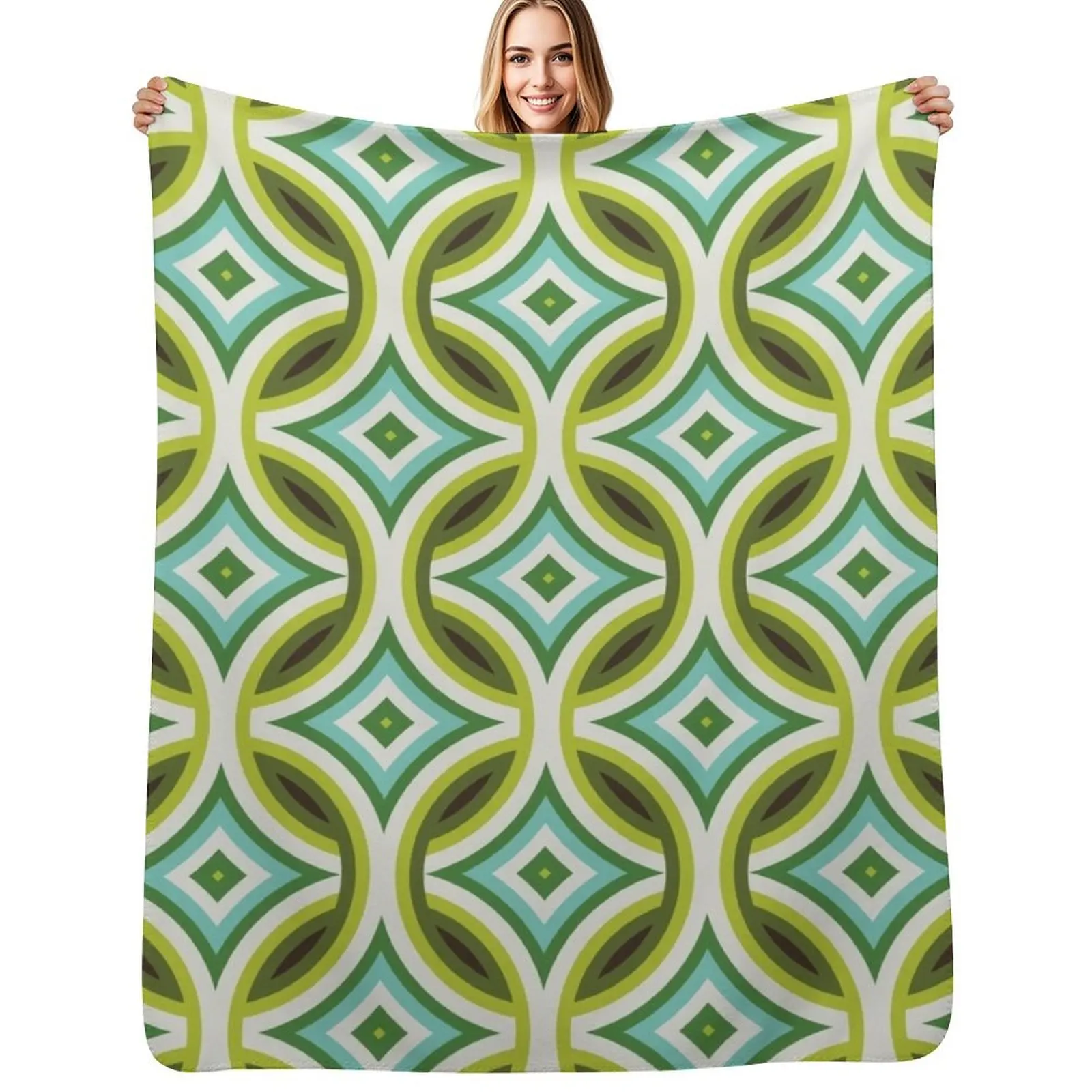 Green, Turquoise & Brown Circular Geometric Retro Pattern Throw Blanket Warm Cozy Throw Blanket for Living Room Couch