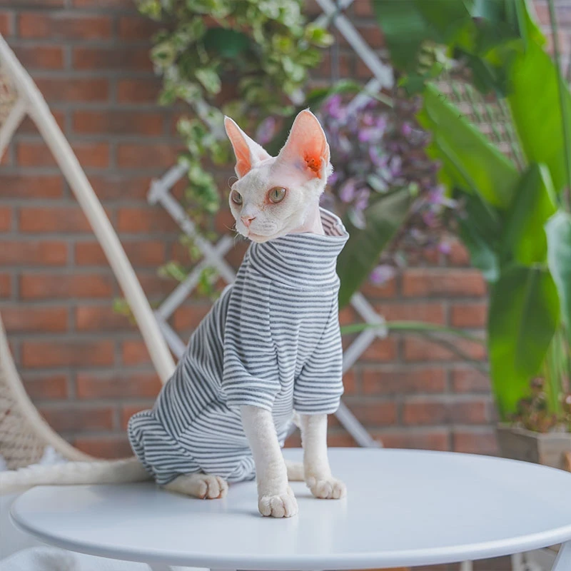 sphnyx Cat Clothes Striped Undershirt Long sleeves For Pet Soft Cotton Coat for Kittens Dogs 4-legged Jumpsuit for Devon Rex