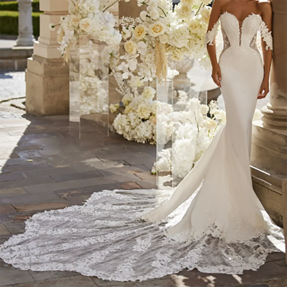 

Elegant Satin Off Shoulder Appliquins Lace Mermaid Bride Wedding Dresses Bridal Gowns Customized