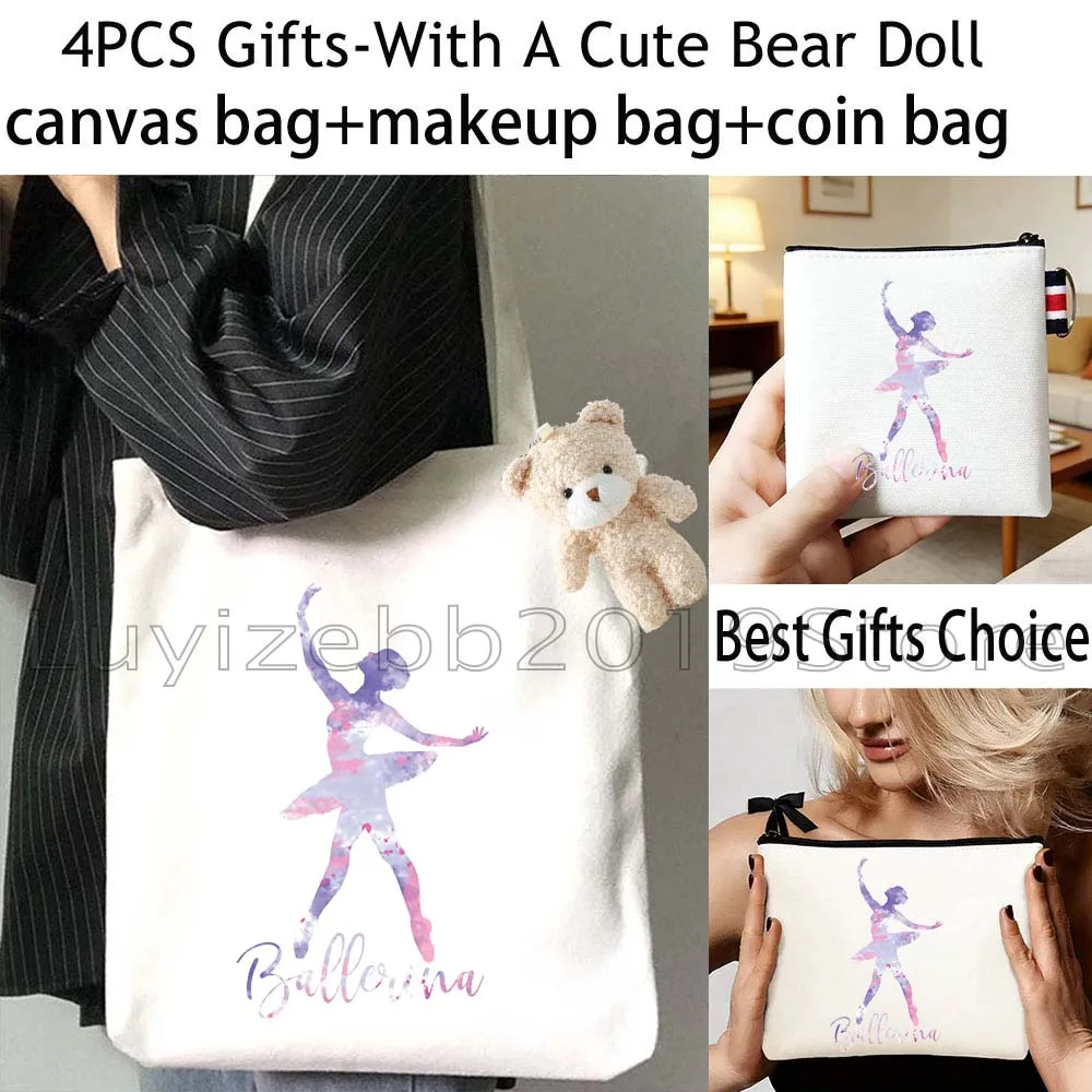4PCS Gifts Ballerina Girl Ballet Dancer Gymnastics Canvas Tote Bag Handbag,Cosmetic Makeup Bag,Coin Purse Wallet Zipper Pouch
