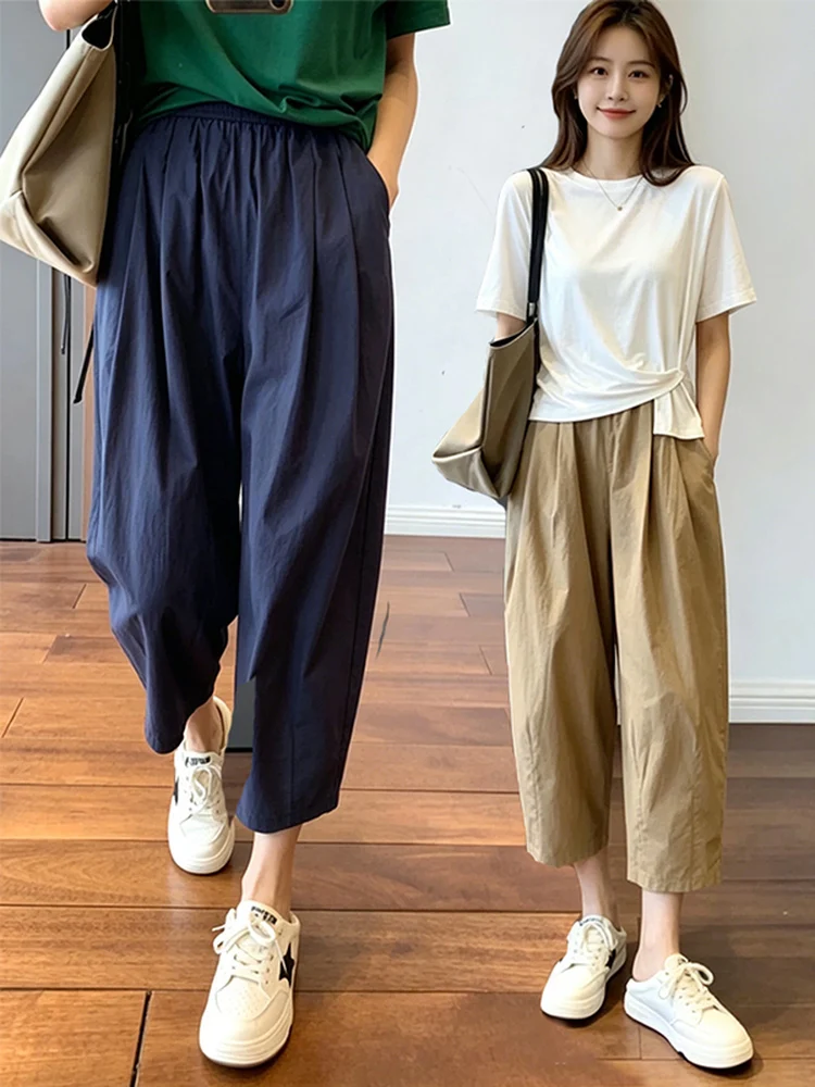 Slimming Effect Pure Cotton Harem Pants Women's Summer Thin Large Size Elastic Waist Small Height Eight Nine Points Rutabaga ...