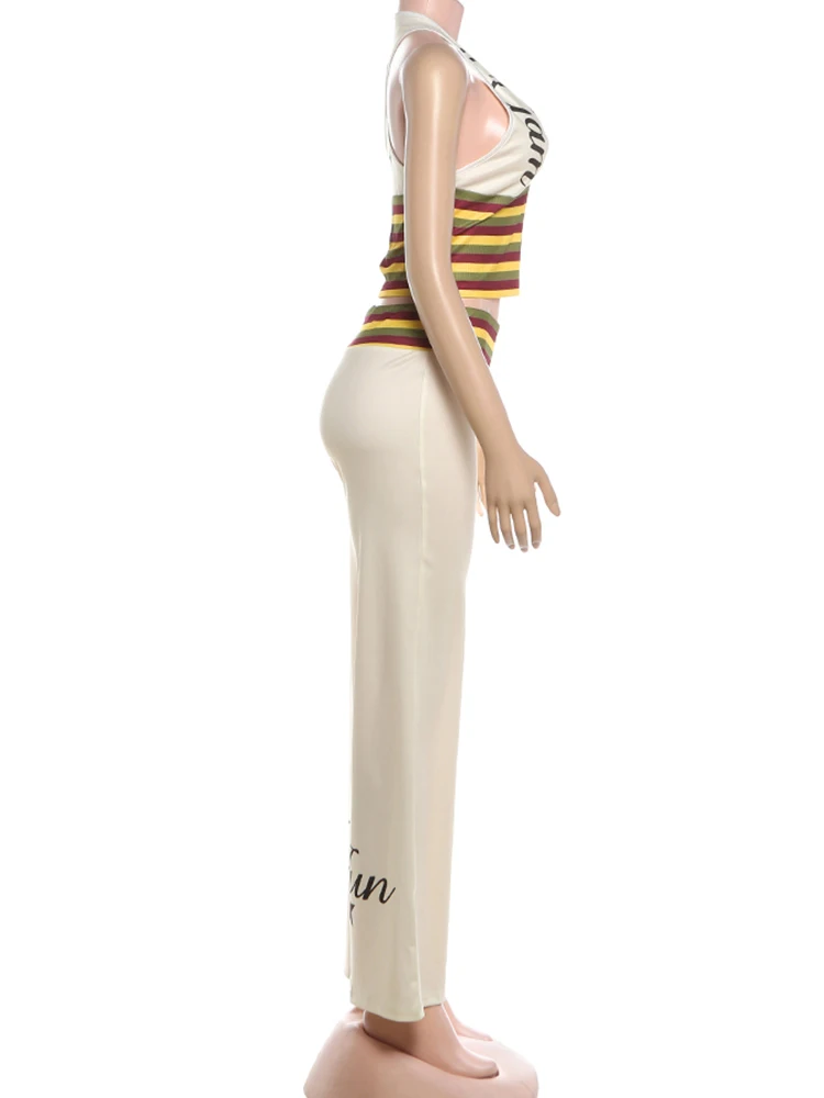 Nibber ärmelloses Tanktop mit Buchstaben-Aufdruck und V-Ausschnitt + Hose mit weitem Bein, lässiges gestreiftes 2-teiliges Set für Damen, trendiger, schicker Street-Sportanzug – Detail 5