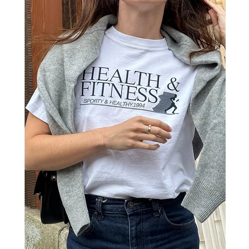 เสื้อยืดผ้าฝ้ายทรงเรโทรสำหรับเด็กผู้หญิง เหมาะสำหรับออกกำลังกาย วิ่ง ผ้าฝ้ายแท้ ทรงกลม ปกติ ใส่สบายในฤดูร้อน