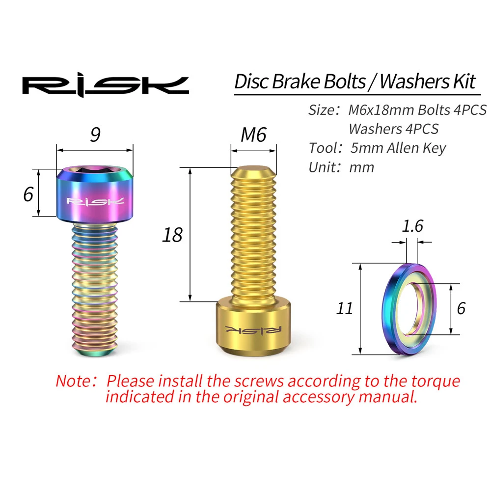 4 Pairs RISK Bike M6x18mm Disc Brake Caliper Bolts with Washers Spacers Bicycle Titanium Alloy Screws for SLX XT XTR