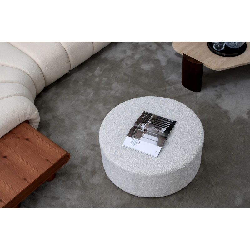 Round Coffee Table, Boucle Upholstered End Table, Functions as Side Table, Ottoman, and Seat for Living Room, Bedroom, Entryway,