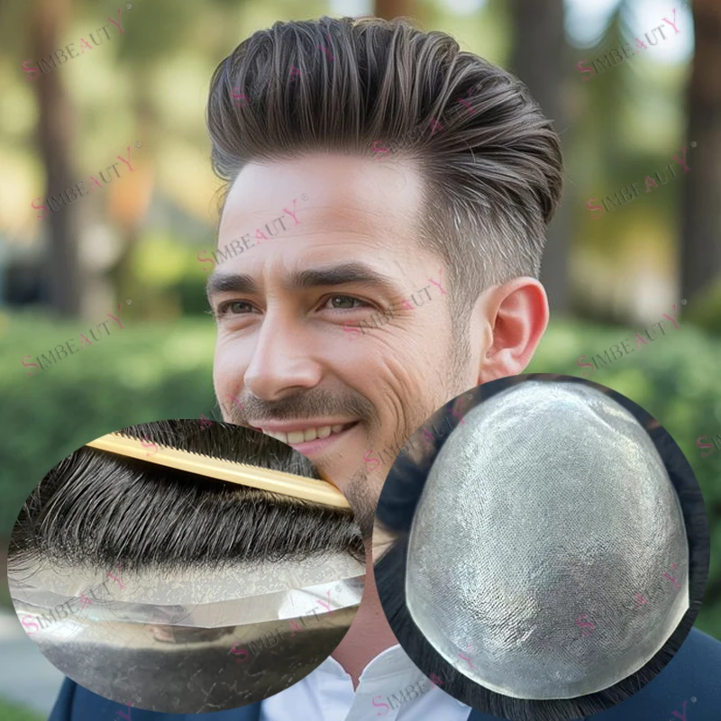 

Реалистичная натуральная линия волос, супер прочный, прочный, 0,06-0,08 мм, полная кожа, мужской парик из человеческих волос, черный, коричневый, серый, 1B80, парики