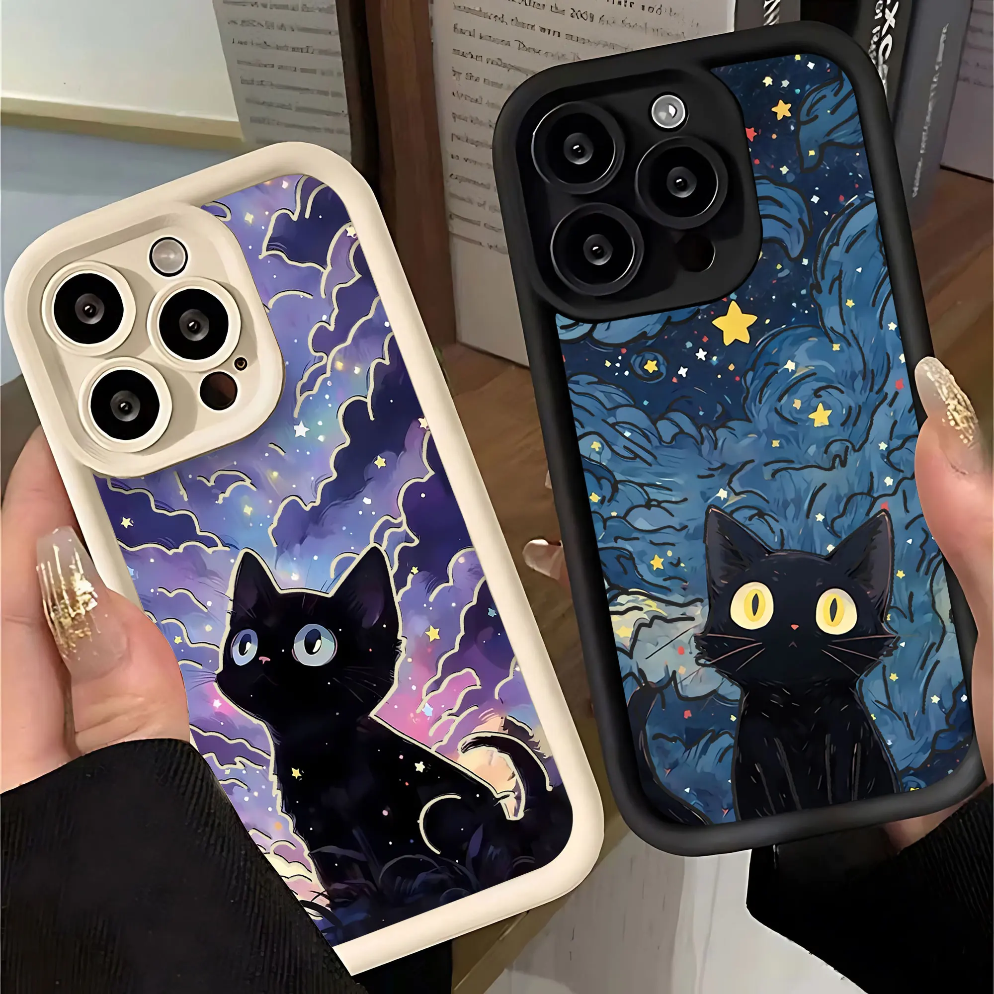 Céu estrelado gato preto caso de telefone para iphone 16 15 14 13 12 11 pro max mini xr xs x 7 8 plus macio tpu capa traseira com alça de mão