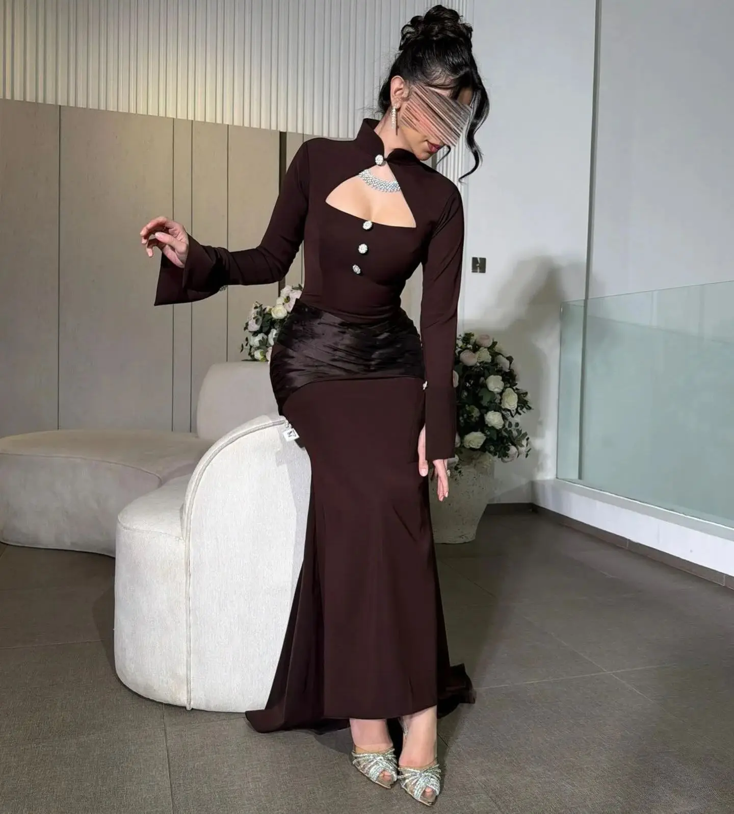 Matching Fashion Evening Dress Brown Prom Dresses Pleat Draped High Collar Bespoke Occasion Wedding Dresses Customized