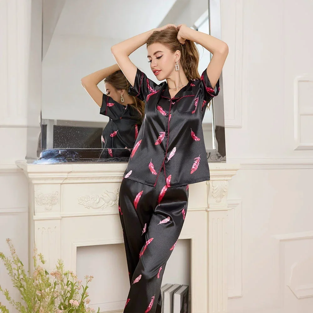 

Black Print Pajamas Set Lady Casual 2Pcs Sleep Set Satin Nightwear Short Sleeve Top&pants Outfit Luxury Home Clothes Loungewear