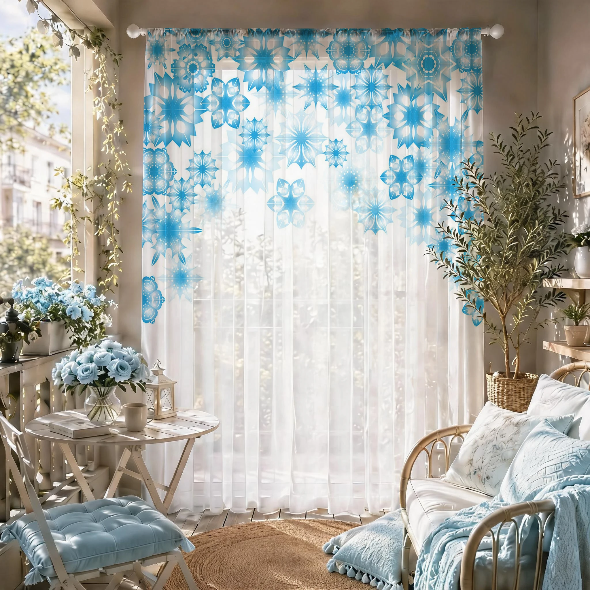 Curtain Sheer Voile - Voilage Moderne Dégradé Bleu Étoilé, Rideau
