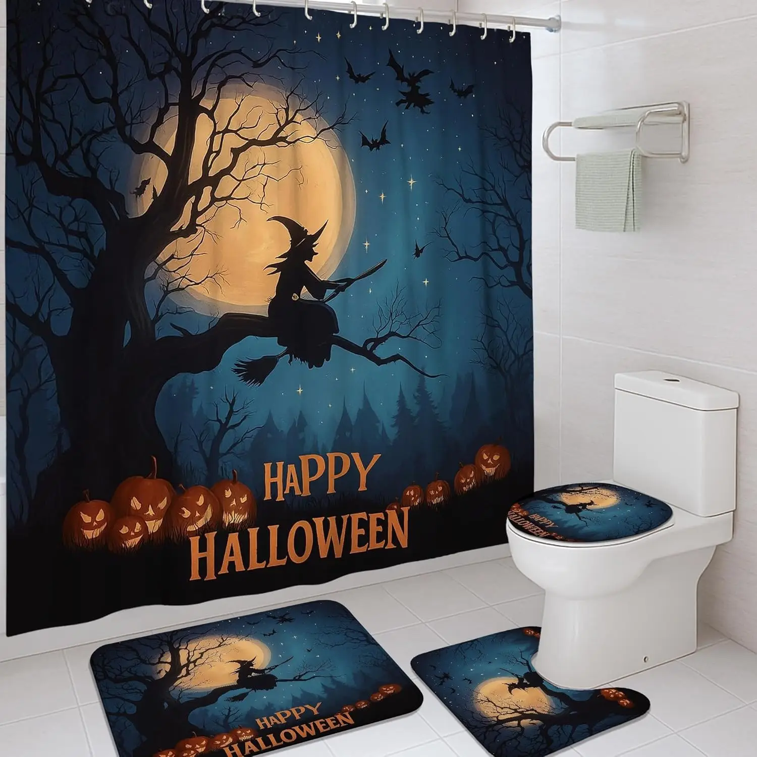 

4 шт., набор занавесок для душа на Хэллоуин, темно-синий коврик для ванной ведьмы, аксессуары для декора ванной комнаты, жуткая современная водонепроницаемая ткань
