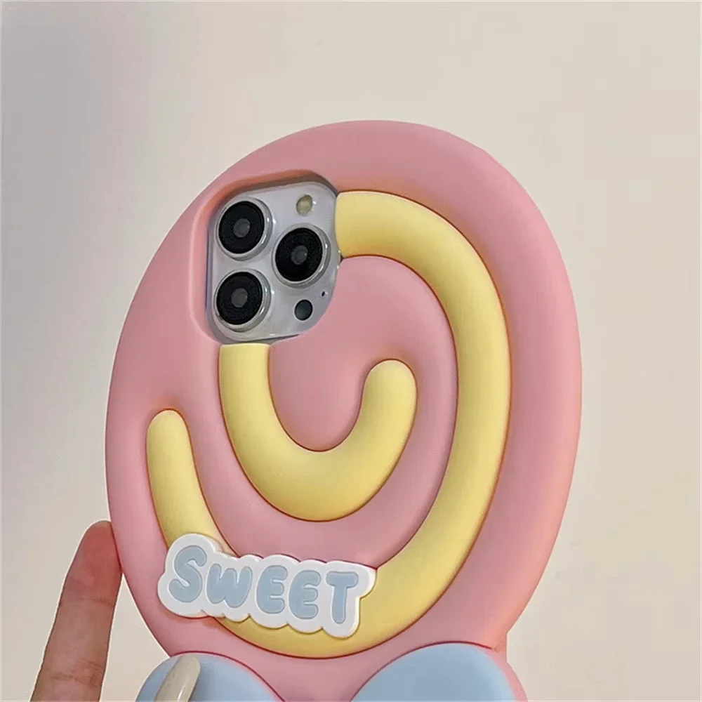 Korean Cute 3D super sweet lollipop pink silicone phone case for iPhone 11 12 13 14 15Pro Max Fun cartoon protection soft cover
