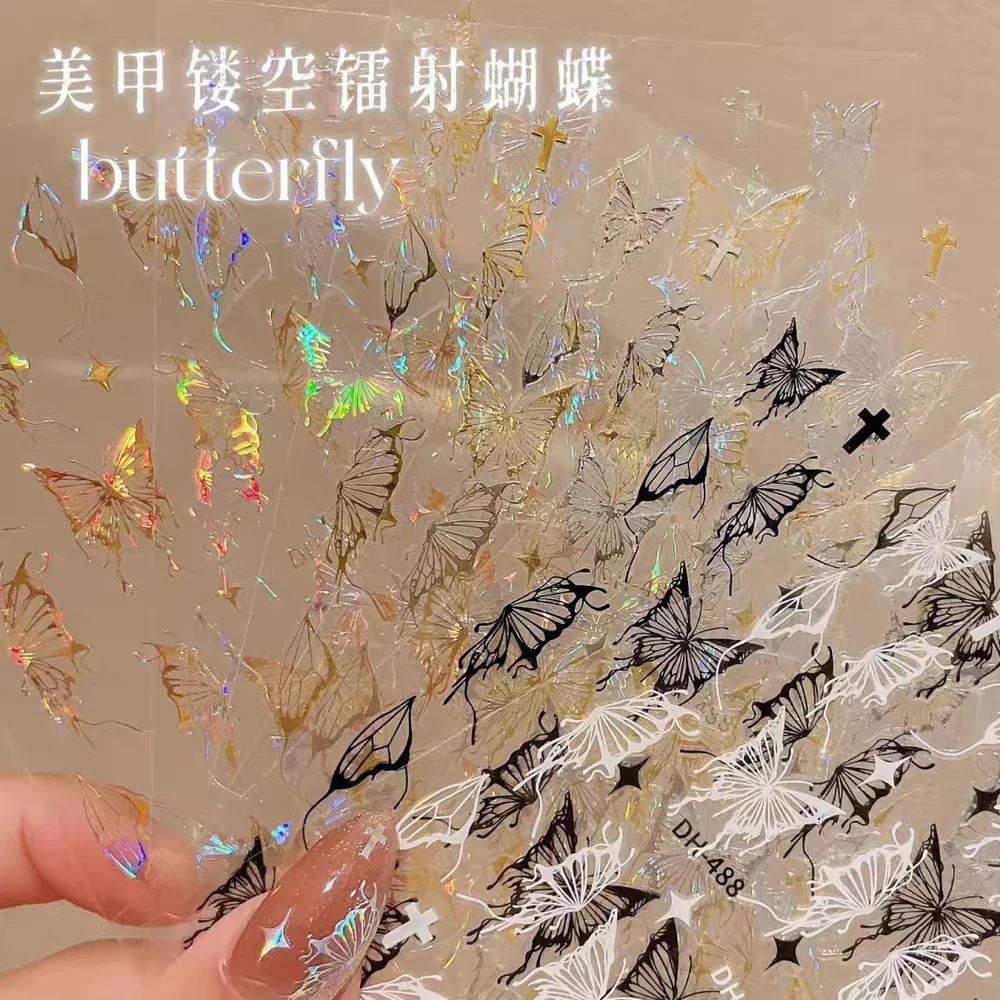 6pcs Hollow Gold/Silver Fantasy Colorful butterfly Nail Stickers 3D Black/white Laser Ins Waterproof Adhesive Nail Art Decals