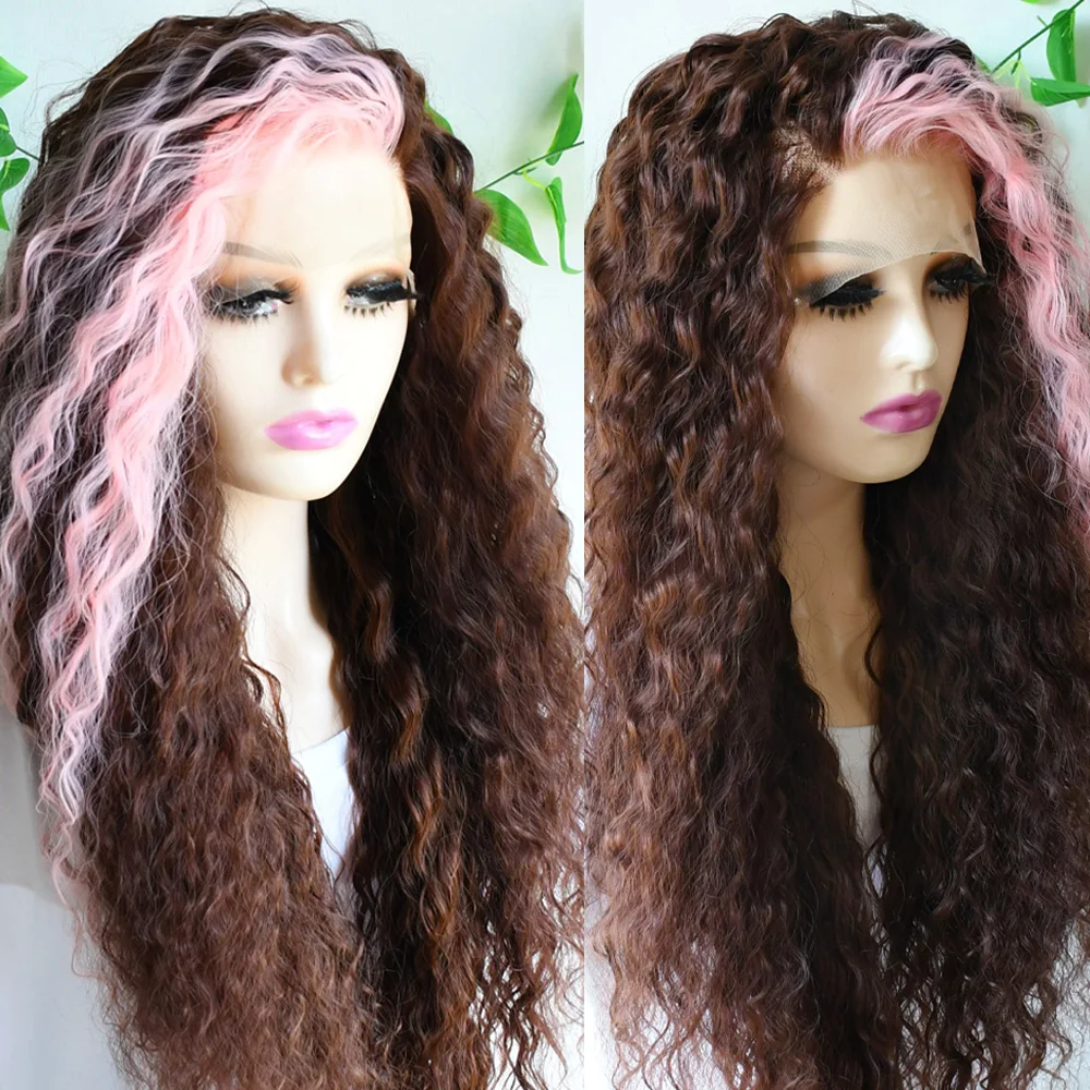 Pink Brown 13x4 Long Curly Lace Front Wigs Glueless Synthetic Lace Front Wig For Women Loose Wave Wig Cosplay Party