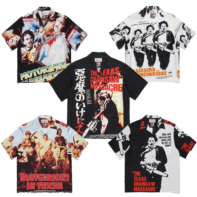

Pdmcms 22ss Texas Chainsaw Demon Maniac Casual Hawaiian Silk Printed Short Sleeved Shirt For Men