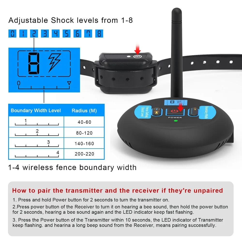 200 m kabelloser wiederaufladbarer Elektrozaun für Hunde, IP68 wasserdichter Piepton + Schock-Trainingsmodus, Sender- und Halsband-Kombination – Detail 4