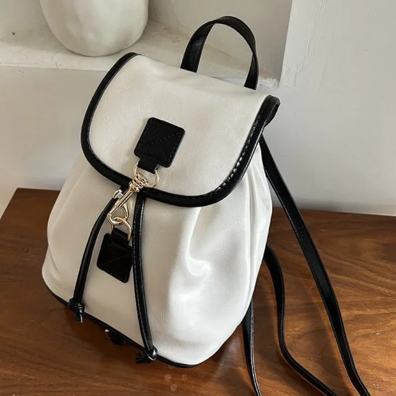 Xiuya White Elegant Womens Backpack Korean Style Fashion Leather Casual Backpacks Contrast Color Female Simple Aesthetic Bags