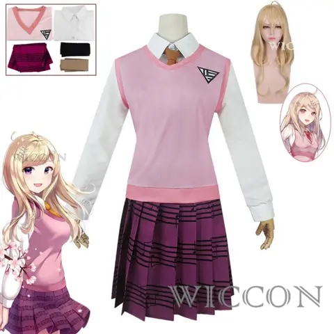 Anime Dangaronpa Kaede Akamatsu Cosplay Kostum Tank Top Short Skirt Pleated Skirt JK School Uniform Halloween Party Set