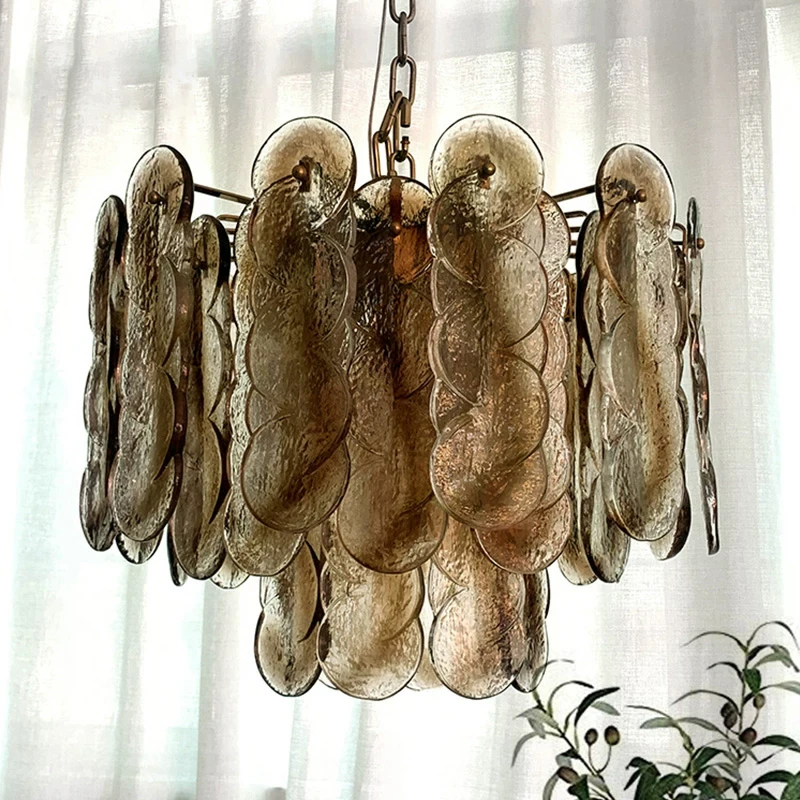 French Gold Chandelier Luxury Smoke Gray Textured Glass Pendant Light For Living Room Bedroom Dining Room Home Ceiling Decor