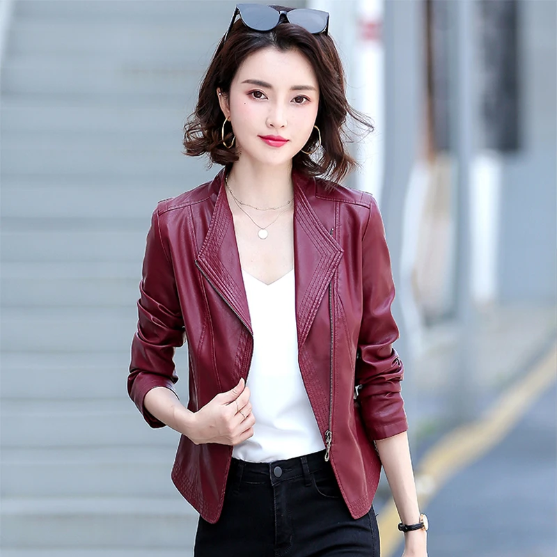 Asymmetric Zip Leather Jackets 2023 Spring and Autumn Casual Turn-down Collar Short Slim Real Sheepskin Leather Jacket Women
