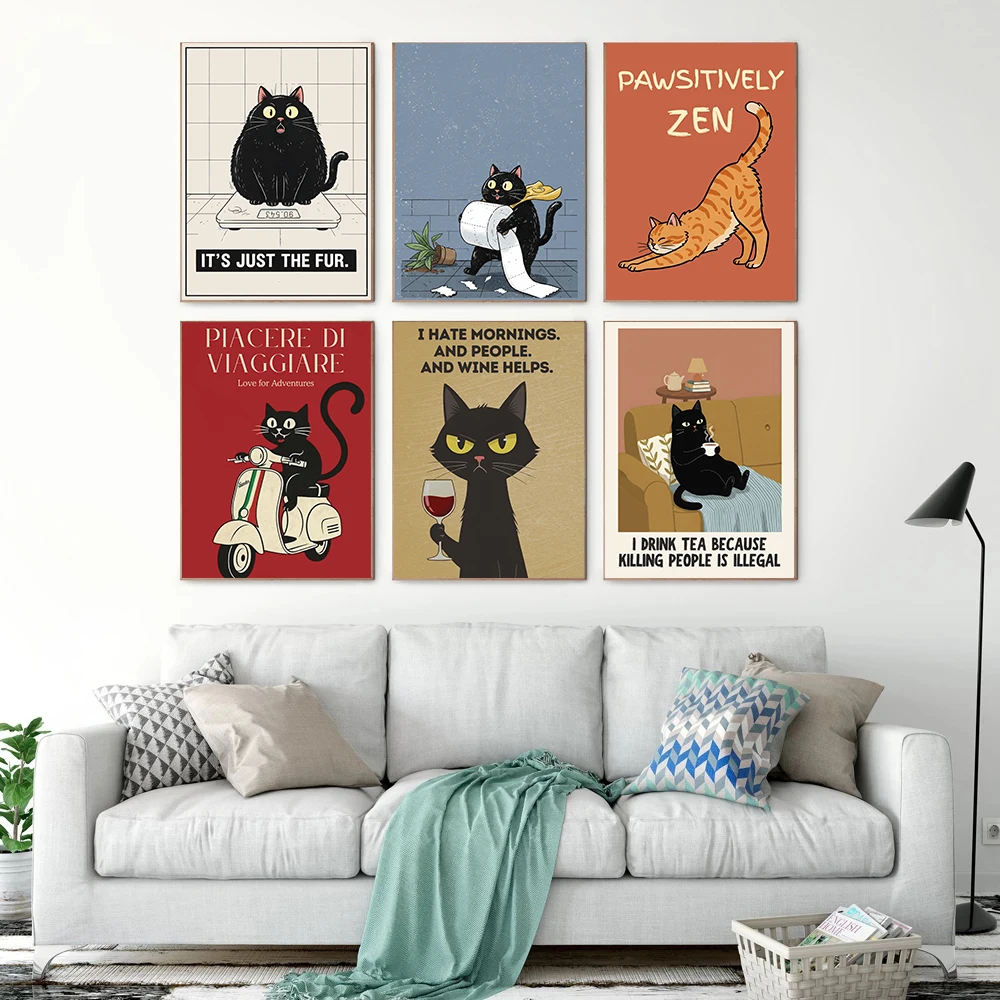 Funny Pet Cat Posters Toilet Paper Rescue Superhero Cat Weight Scale Humor Prints Canvas Painting Wall Pictures Home Room Decor