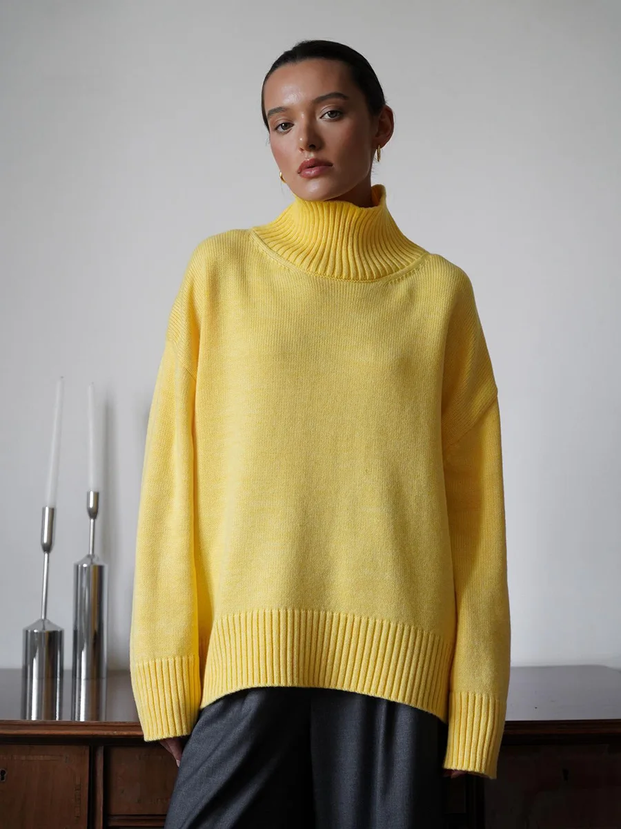 

Autumn Winter Turtleneck Warm Knitted Pullovers for Women Casual Fashion Solid Long Sleeve Loose Sweater Lady Knitwear 2025