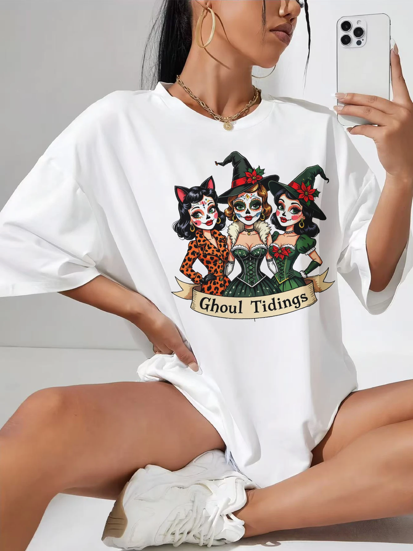 

Ghoul-Tidings-Retro-Sugar-Skull Loose fit white pregnancy T-shirt soft breathable cotton full bump coverage