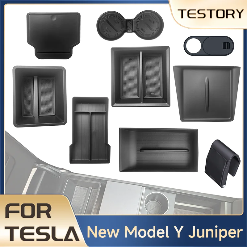 Acessórios para Tesla Model Y Juniper 2025-2026: Caixa de Armazenamento para Console Central, Base de Carregamento Sem Fio, Suporte para Copos, Tampa de Privacidade para Câmera