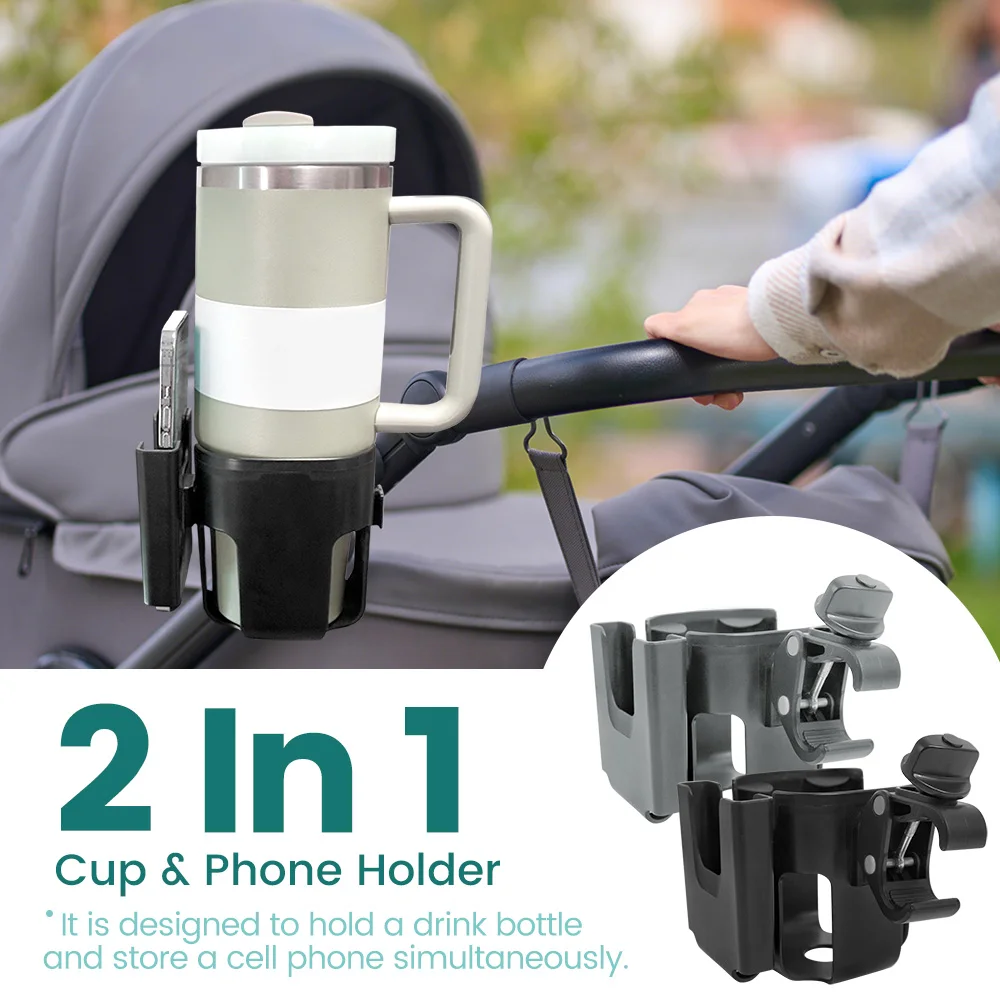Universal Cup Holder for Baby Strollers, 360° Rotatable Strong Clip, 2-in-1 Cup Phone Holder for Strolle,Bike, Wheelchair