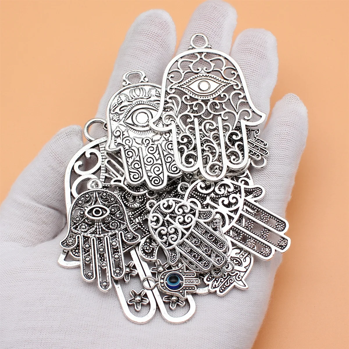 24pcs Antique Silver Color Hamsa Hand Charms Collection For DIY Jewelry Making, 24 Styles, 1 of Each