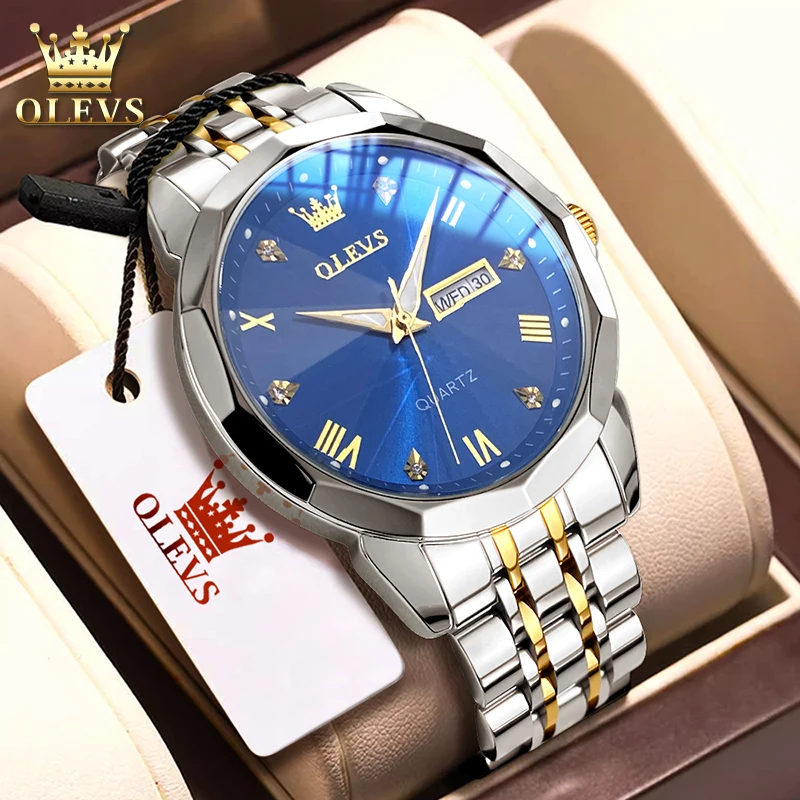 OLEVS 9931 Quartz Man Watch Fashion Dual Calendar Steel Strap Business Men's Wristwatch Rhombus Mirror Waterproof Watch For Men