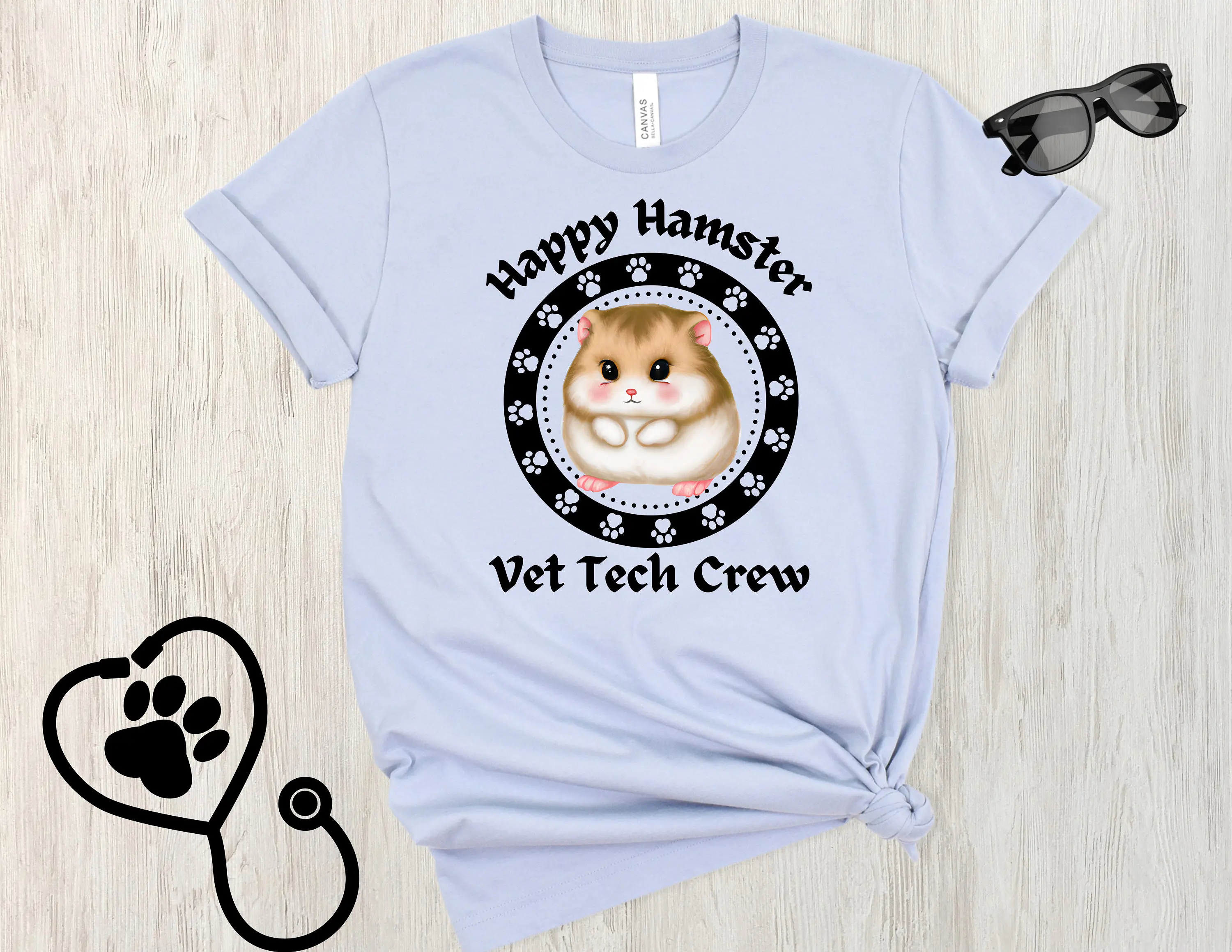 

HAPPY HAMSTER Vet Tech Crew T Shirt Cute Animal Medicine Love our Pets Pet Care Team Funny