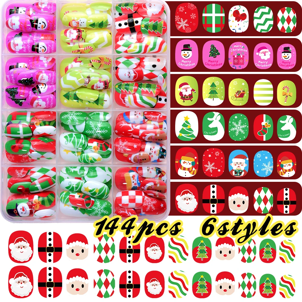 144個入り/箱 クリスマス ショート ラウンド つけ爪 可愛いサンタクロース 雪だるま 雪の結晶 フェイクネイル キッズ 女の子 クリスマス ネイルチップ