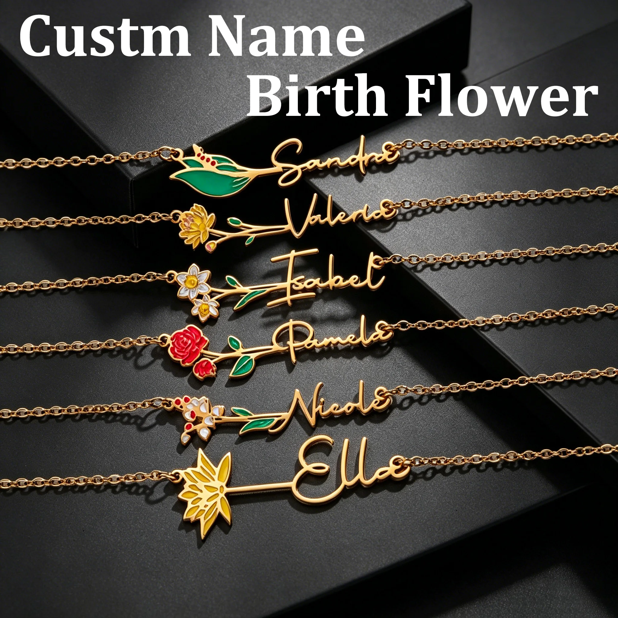 

Personalized Custom Colorful Flower Name Necklaces For Women Stainless Steel Print Birth Flower Pendants Birthday Jewelry Gifts