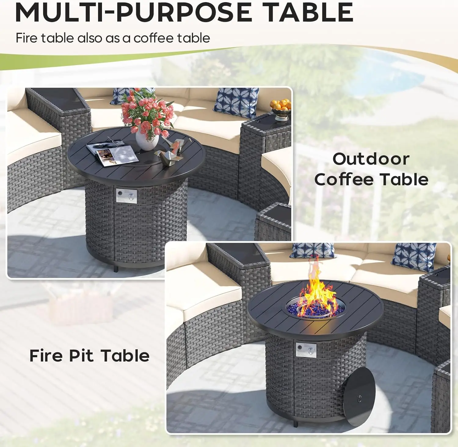 Patio Furniture Set with 32" Fire Pit Table, 11 Pieces Half-Moon Curved Outdoor Sectional Sofa & Side Table Waterproof Cover