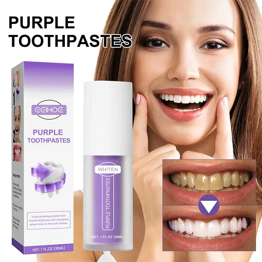 Teeth Whitening Toothpaste Mousse Purple Toothpaste Bleaching Remove Yellow Stains Dental Breath 30ml Professional M7y4