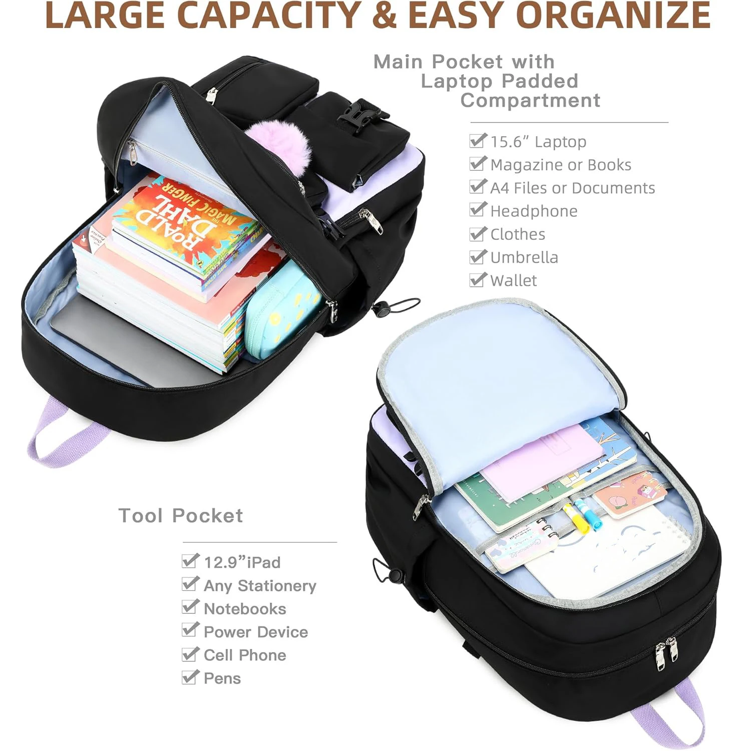 กระเป๋าเป้สะพายหลังสำหรับใส่แล็ปท็อปขนาด 15.6 นิ้ว เหมาะสำหรับนักเรียนประถม มัธยมต้น มัธยมปลาย และนักศึกษา พร้อมกล่องใส่อาหารและกระเป๋าใส่ดินสอ ชุด 3 ชิ้น สำหรับเดินทางและใส่หนังสือ