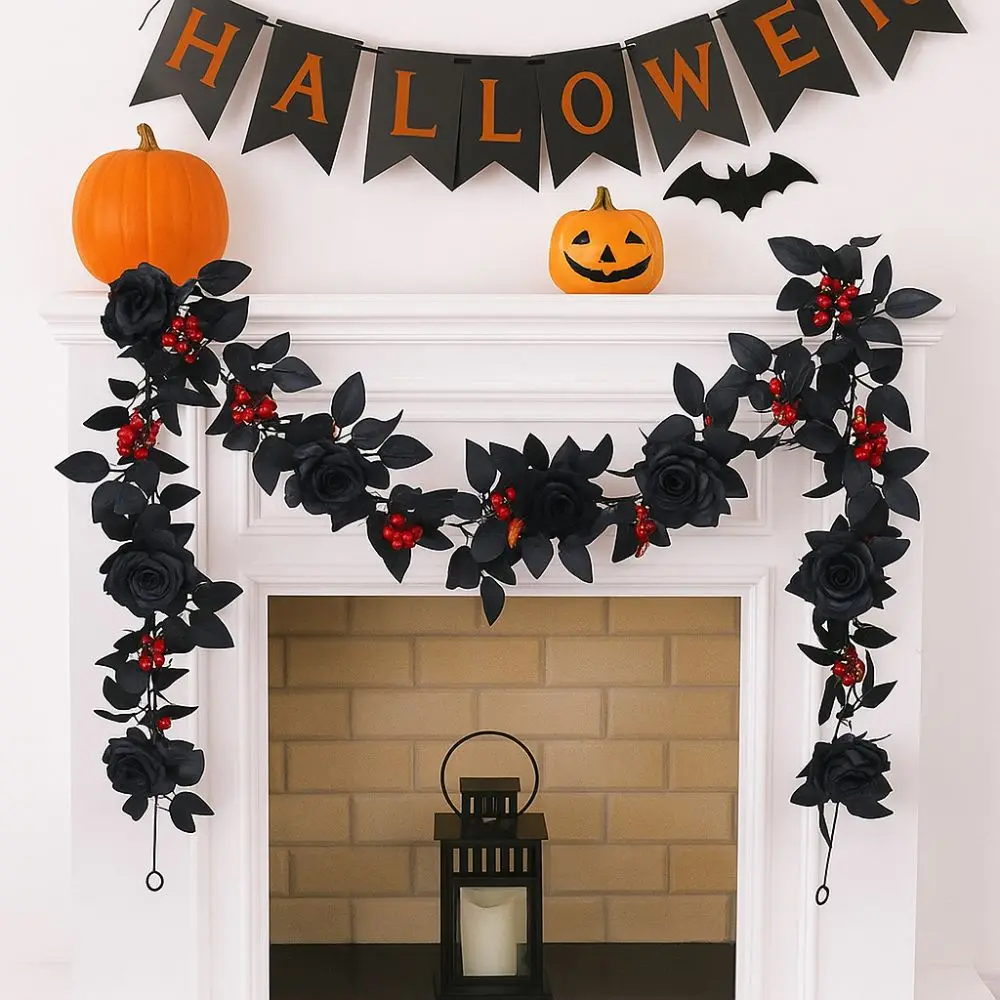 Black Halloween Rose Leaf Vines 175cm Simulated Flowers Artificial Rose Vines Handmade Realistic Halloween Garland