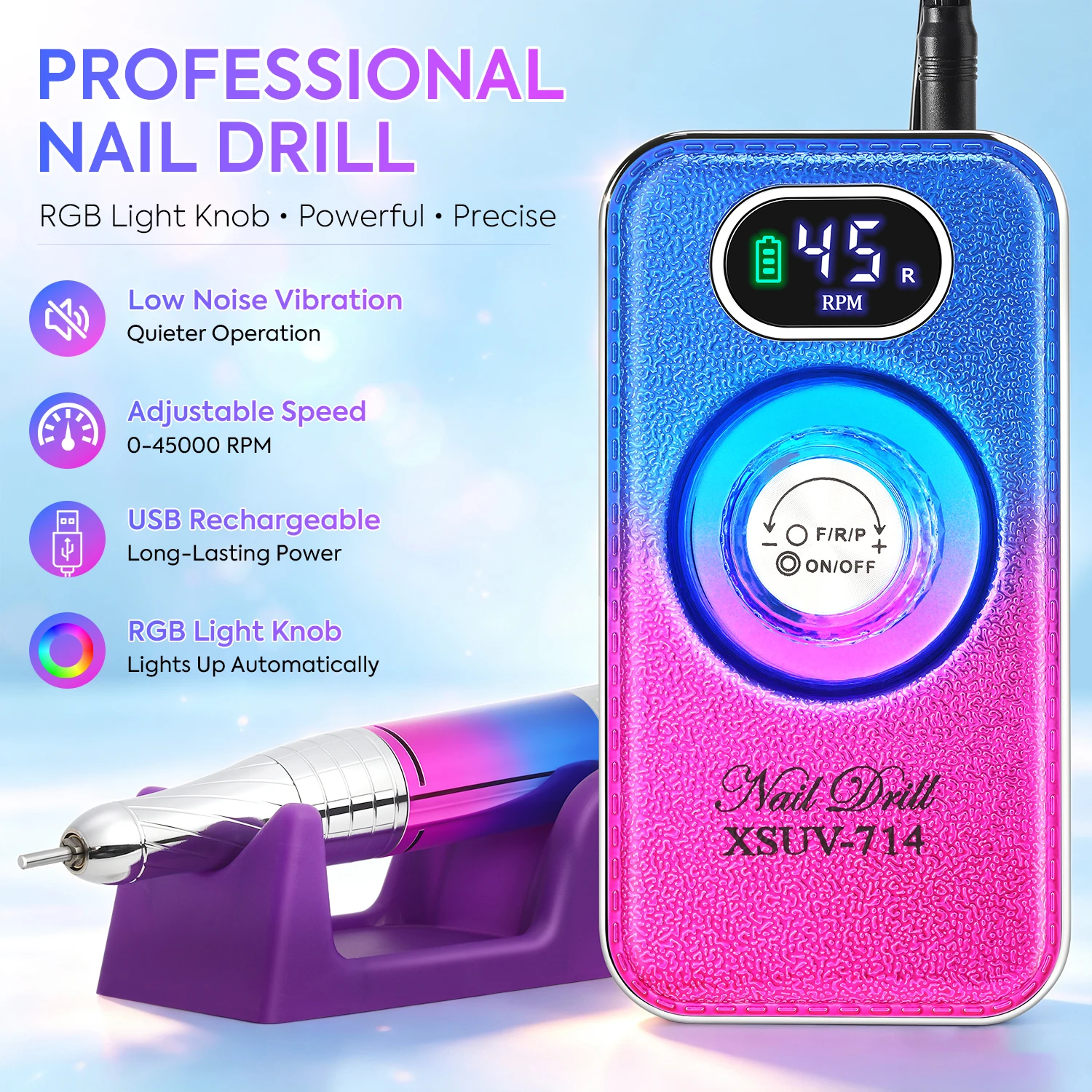 DianaBeauty 45000RPM Nail Drill Machine Electric Nail Sander for Manicure Portable Professional Nail Polisher with LCD Display