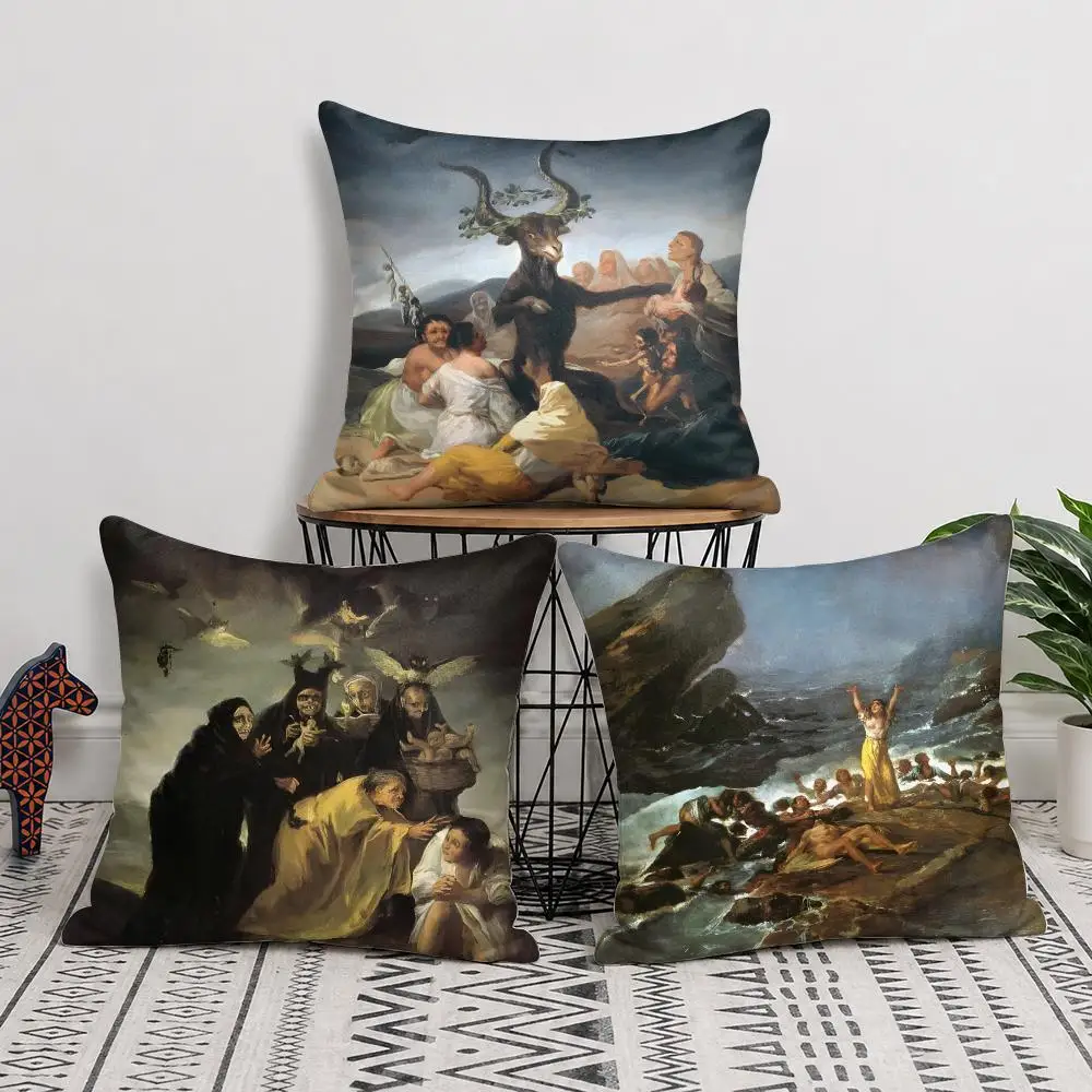 F-Francisco Goya Art Cushion Cover Double-Sided Plush Sofa Cushion Covers Organic Breathable Invisible Zipper