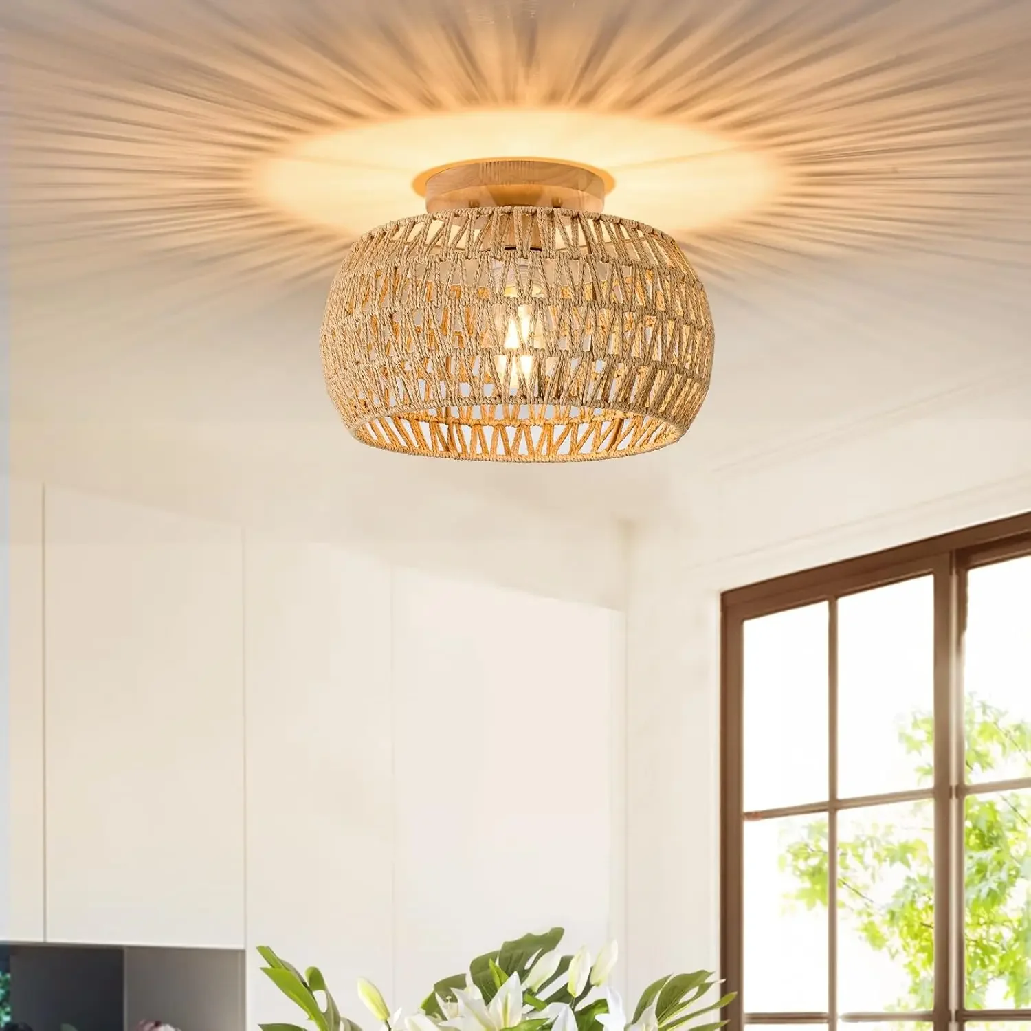 

Paper Rope Chandeliers Vine Embedded Ceiling Light Rural Style Wicker Hand Woven Rope Cage Used for Dining Room Kitchen Bedroom