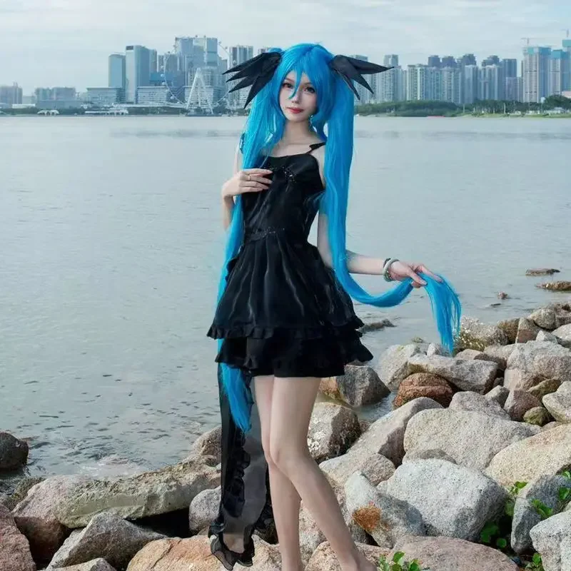 Miku تأثيري حلي فتاة البحر العميق موضة فستان أسود مجموعة أغطية الرأس لوليتا فستان المرأة 2025 هالوين ملابس الحفلات الخيال