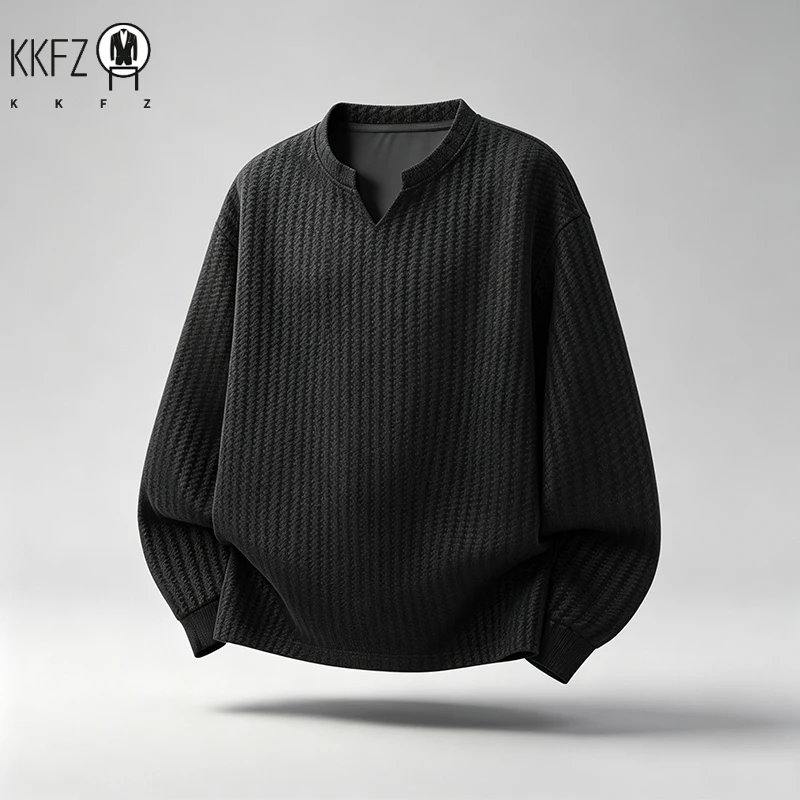 Men Casual Textured Knit Long Sleeve Tee V Notch Collar Vertical Stripe Oversized Fit Male Streetwear Top