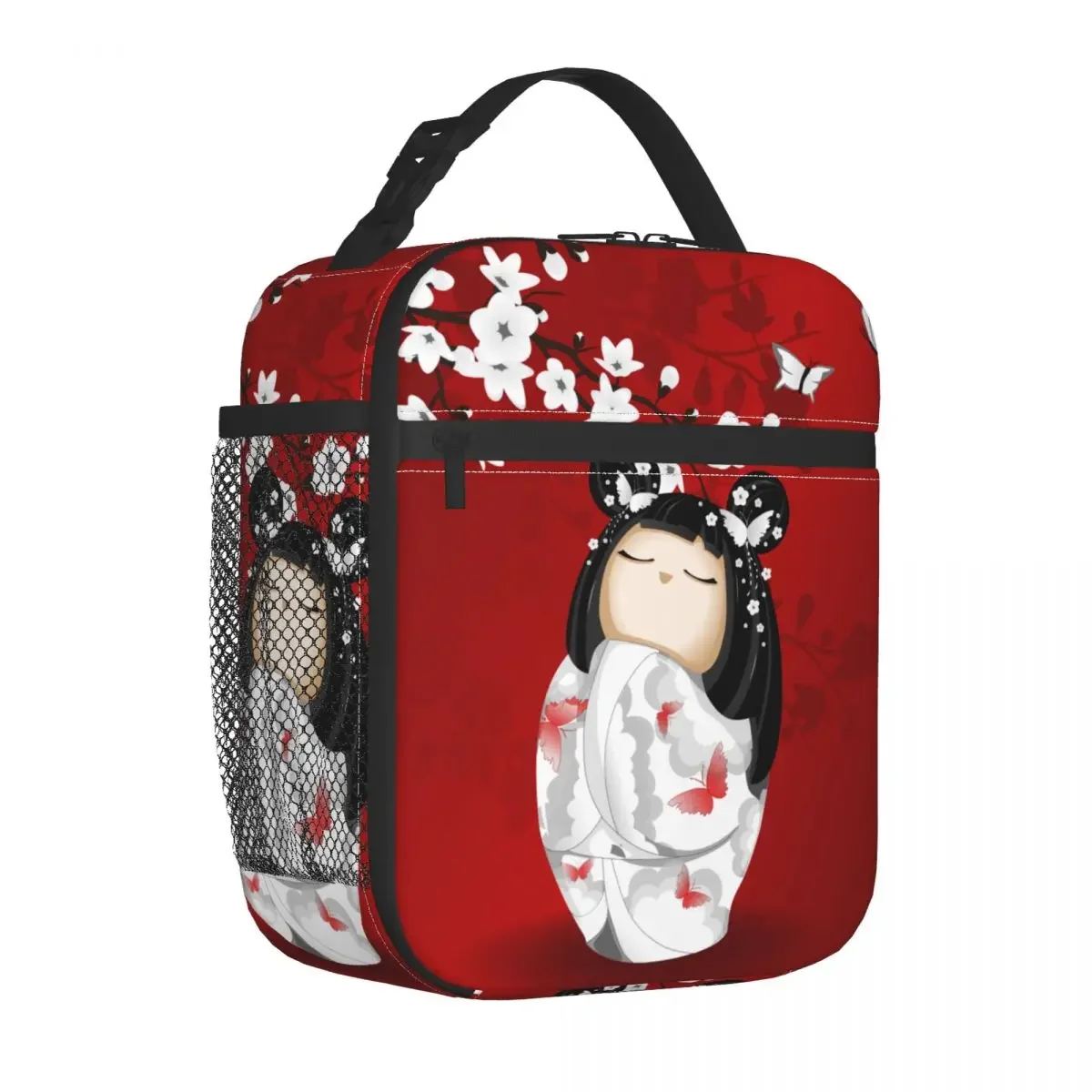 Kokeshi Doll Red Black White Cherry Blossoms Thermal Insulated Lunch Bag Food Container Bags Cooler Thermal Lunch Boxes