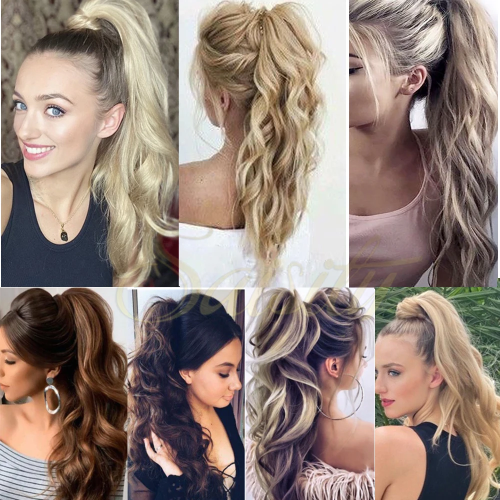 Saisity 32inch Synthetic Flexible Wrap Around PonyTail Length Ponytail Extensions Blonde ponytail Hairpieces For Women Daily Use