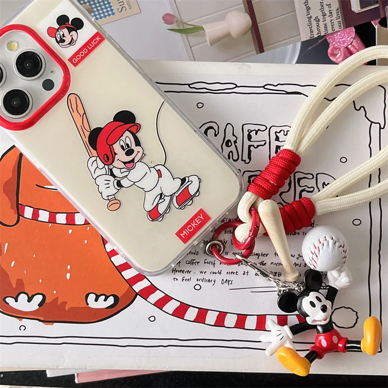 Funda de teléfono anticaída con cordón de Mickey de béisbol de dibujos animados de Disney para iPhone 13 14 12 15 Pro Max Y2K llavero de béisbol de Mickey
