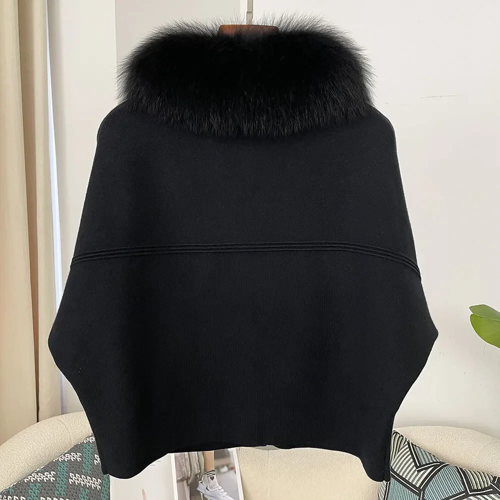 OFTBUY Herbst-Oberbekleidung für Damen, Kurze Batwing-Strickjacke mit Echtfuchs-Pelzkragen und -Manschetten, Kurzer Strickmantel für Damen – Detail 15
