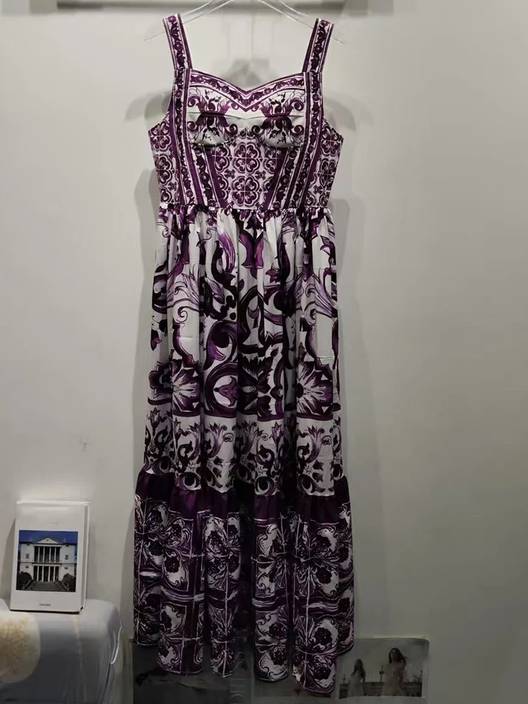 

2025 Summer Vacation Women's New Blue-and-white Porcelain Printed High Waist Sling Long Dress with Sexy Pose A-shaped Dress